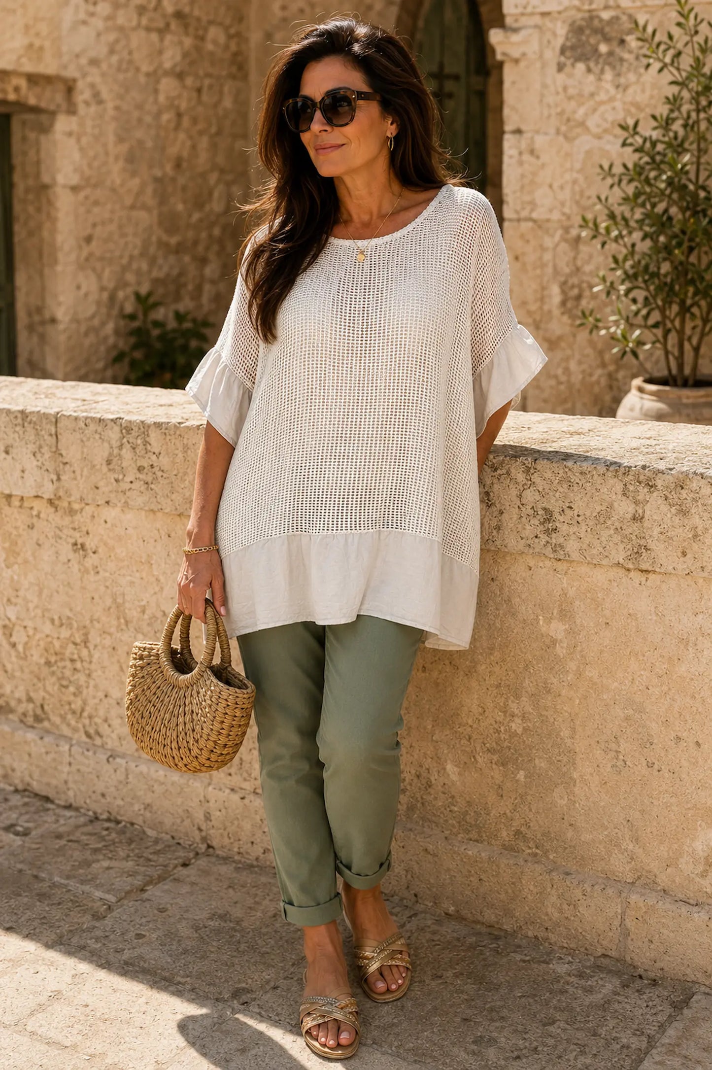 Amari Pure Cotton Frill Sleeve/Hem Mesh Top - Beige