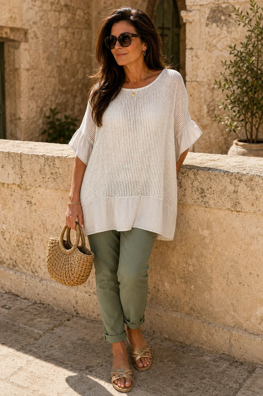 Amari Pure Cotton Frill Sleeve/Hem Mesh Top - Beige