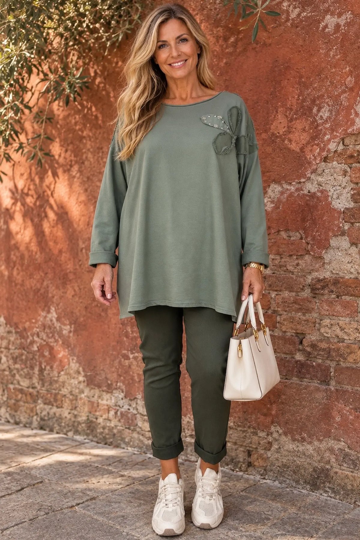 Cotton Emalise Frayed Edge Floral Top - Khaki