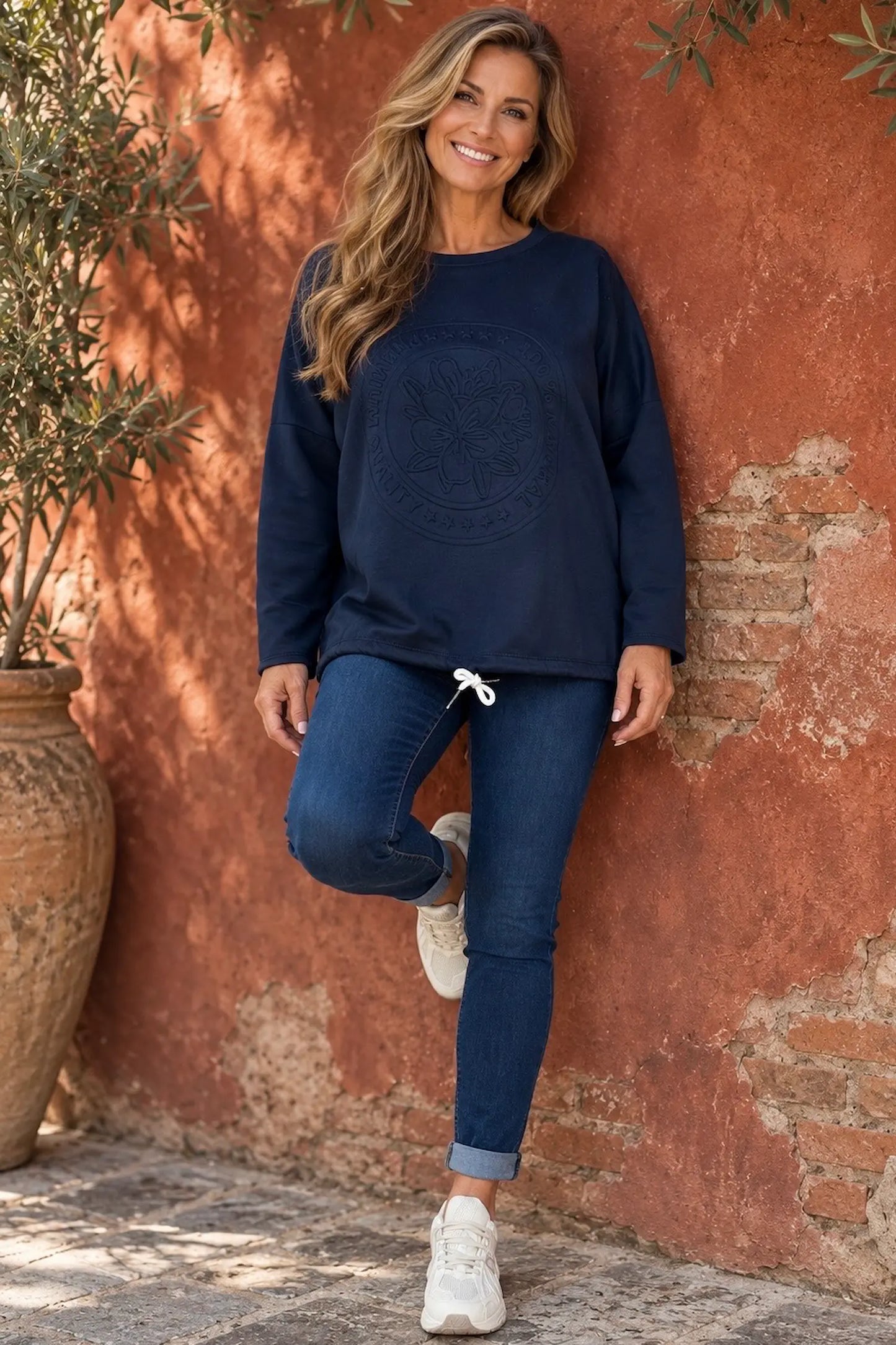 Embossed Clover Drawstring Hem Ambriella Top - Navy