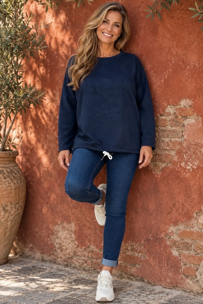 Embossed Clover Drawstring Hem Ambriella Top - Navy