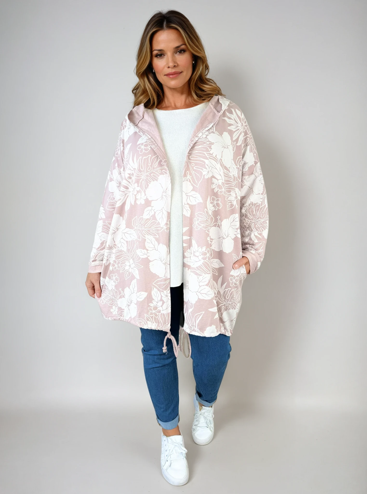 Cotton Double Pocket Hooded Flower Tiffany Jacket - Dusky Pink