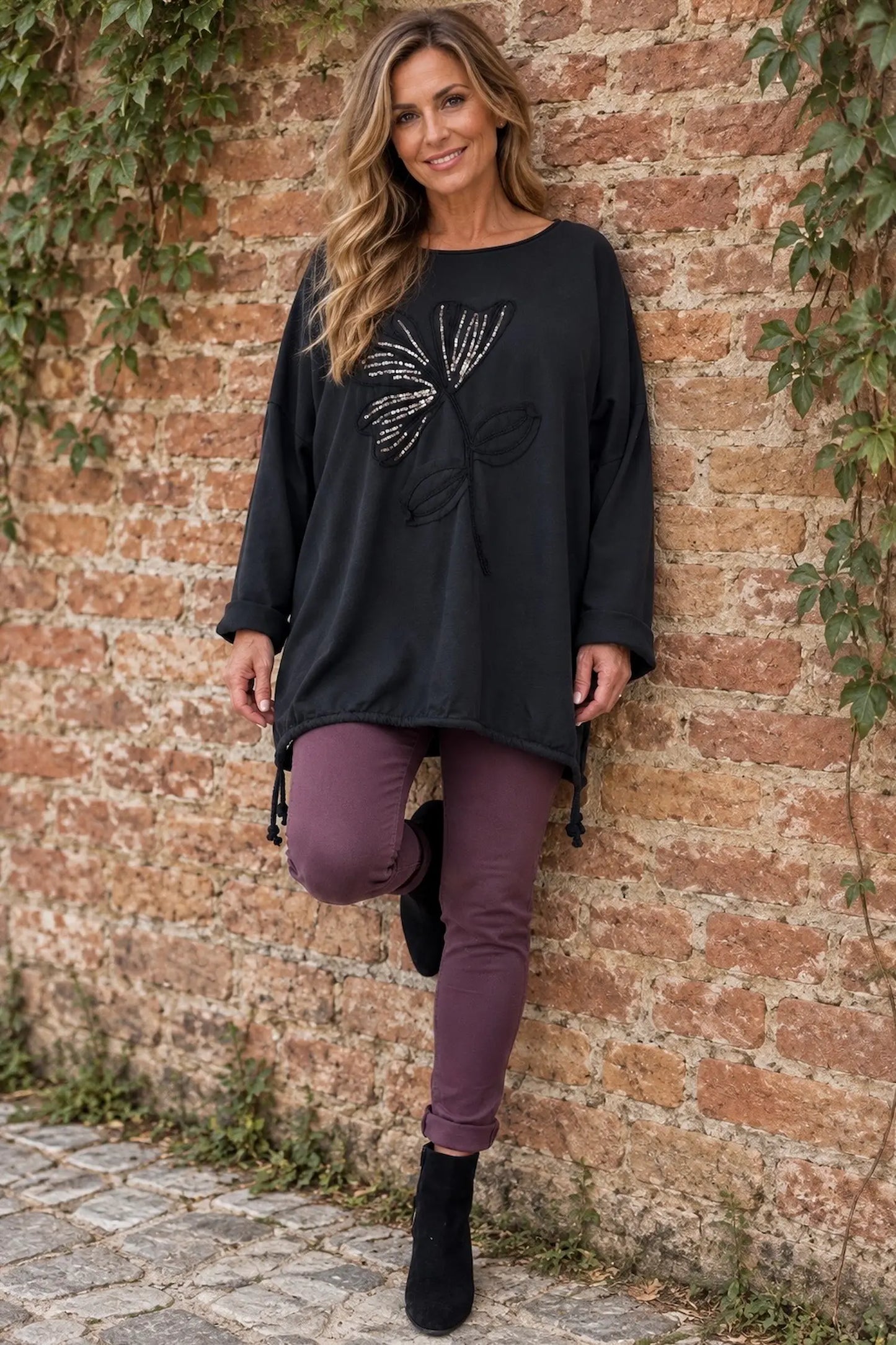 Cotton Embroidered Gold Sequin Floral Manica Tied Hem Top - Black