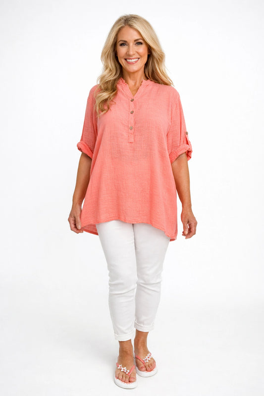 Linen Look Pure Cotton Button Sleeve Diana Button Shirt - Coral