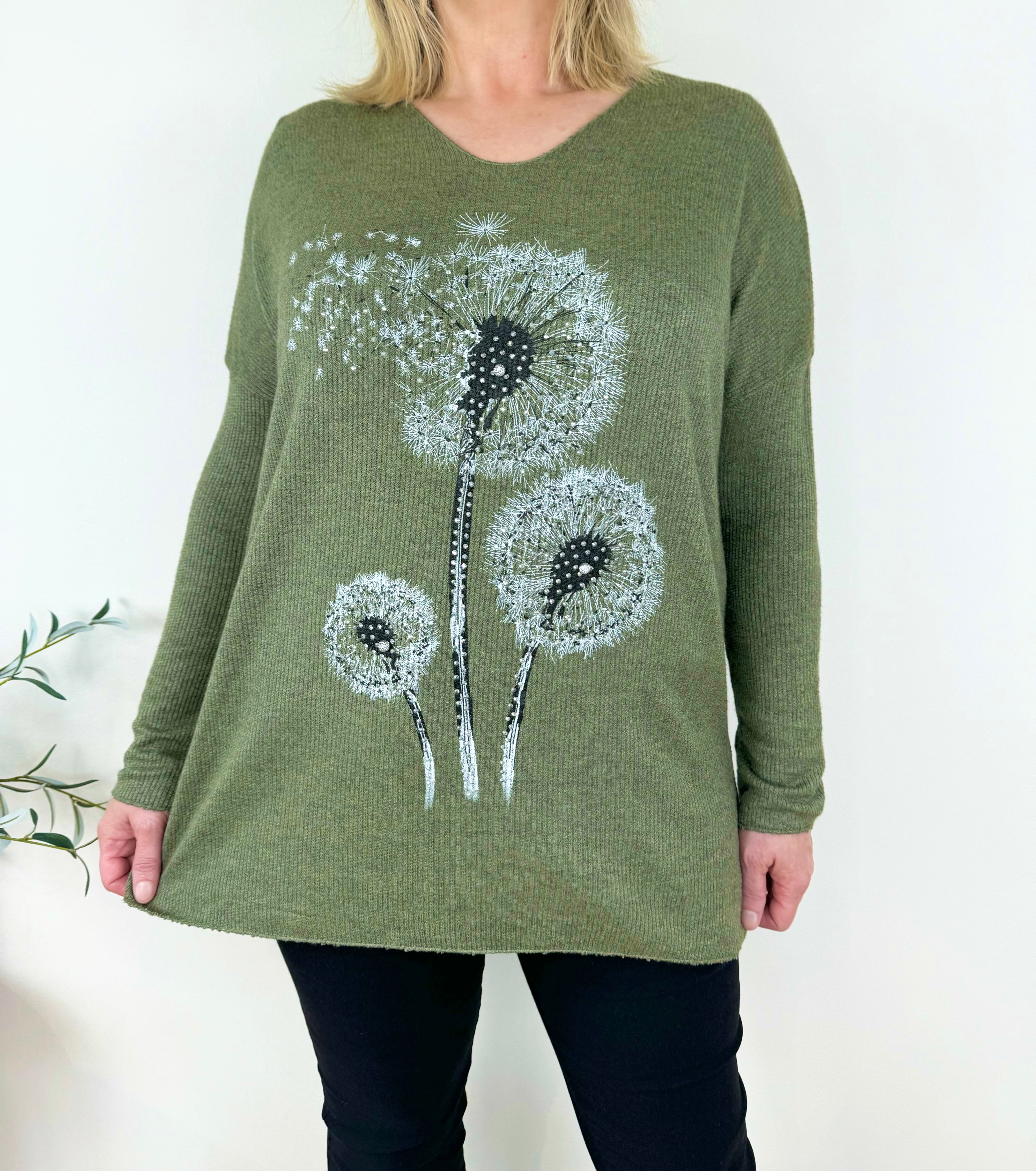 Wool Mix Diamanté Dandelion Ribbed Knit Top AW24