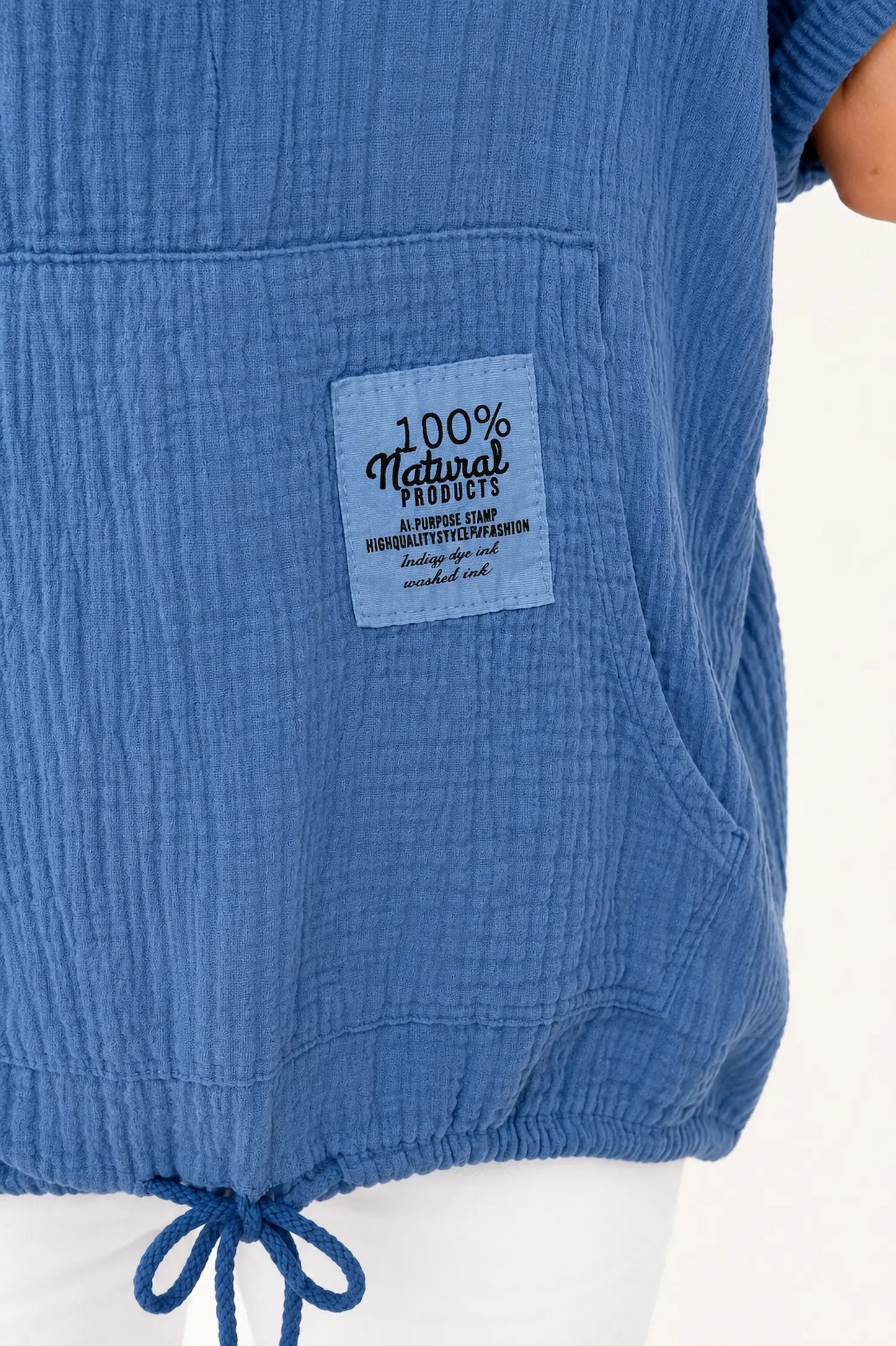 Pure Bubble Cotton Button Sleeve Badge Detail Pocketed Zara Hoodie - Denim