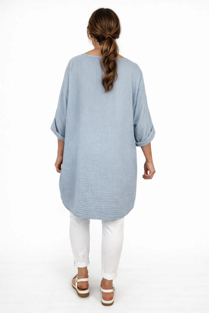 Bubble Cotton Double Button Pocket Tunic Top - Baby Blue