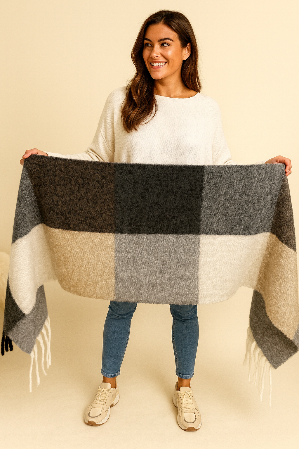 Soft Knit Tara Scarf - Black/Beige/Cream