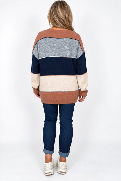 Wool Mix Stripe Marie Top - Navy/Fleck Denim/Toffee/Beige