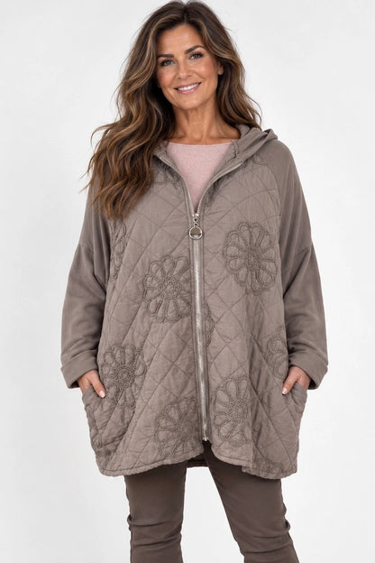 Embroidered Floral Quilted Cotton Hooded Zip Kala Coat – Mocha