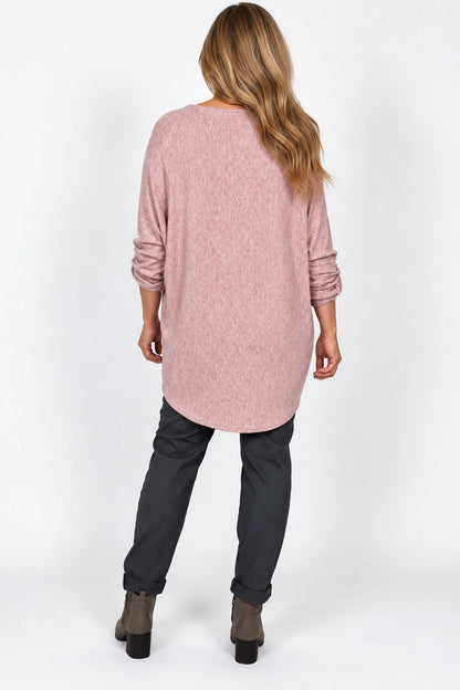 Fine Knit Button Sleeve Batwing Angelica Top - Fleck Rosewood Pink