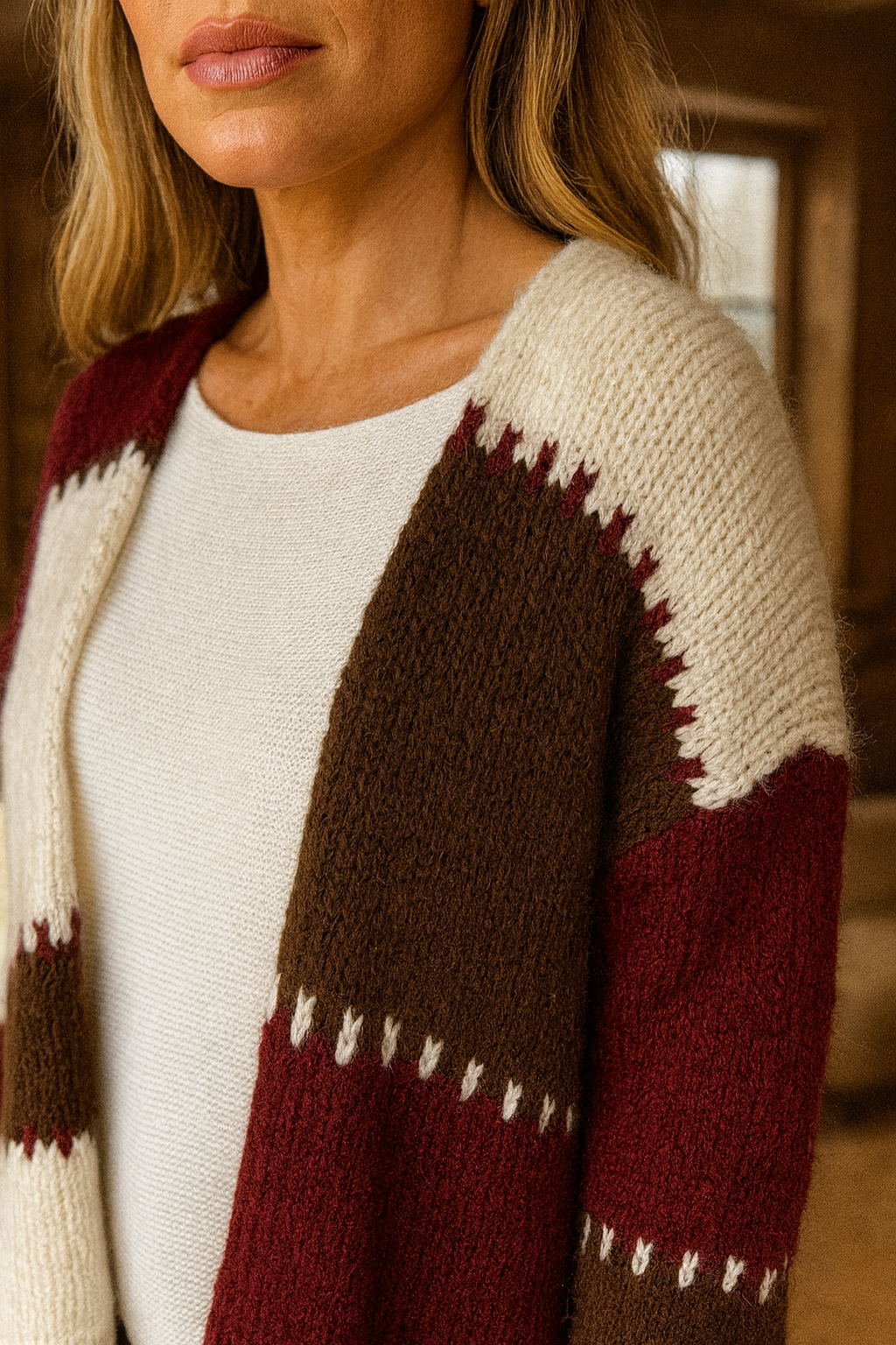 Wool Mix Premium Knit Roxy Cardigan - Chocolate/Wine/Cream
