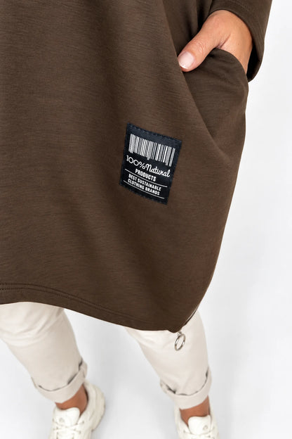 Zipped Hem Badge Detail Double Pocket Lorrie Top - Chocolate