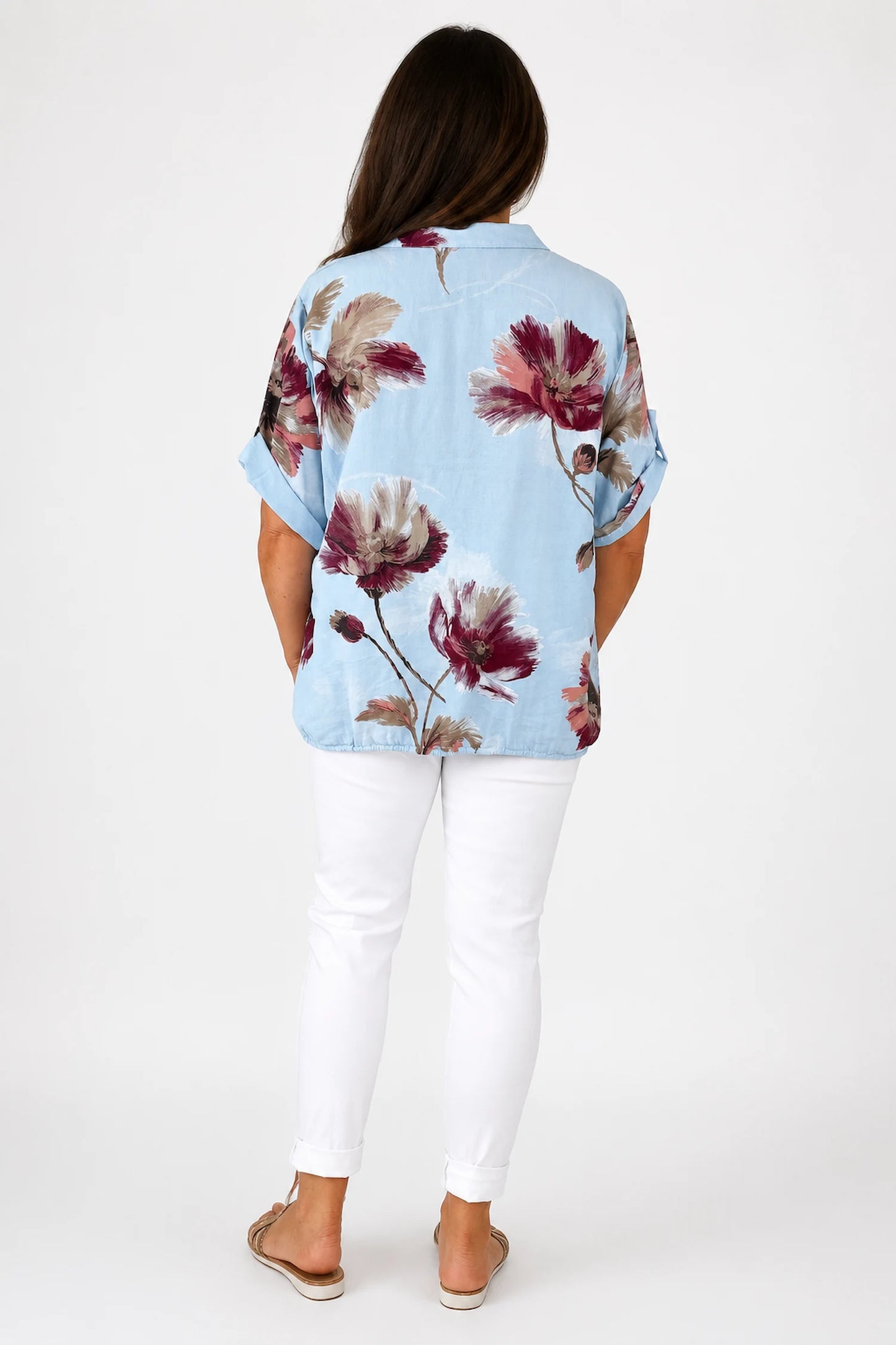 Button Sleeve Drawstring Hem Mary Floral Shirt - Baby Blue