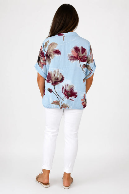 Button Sleeve Drawstring Hem Mary Floral Shirt - Baby Blue