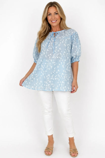 Embroidered Floral Tied Detail Calara Blouse - Baby Blue