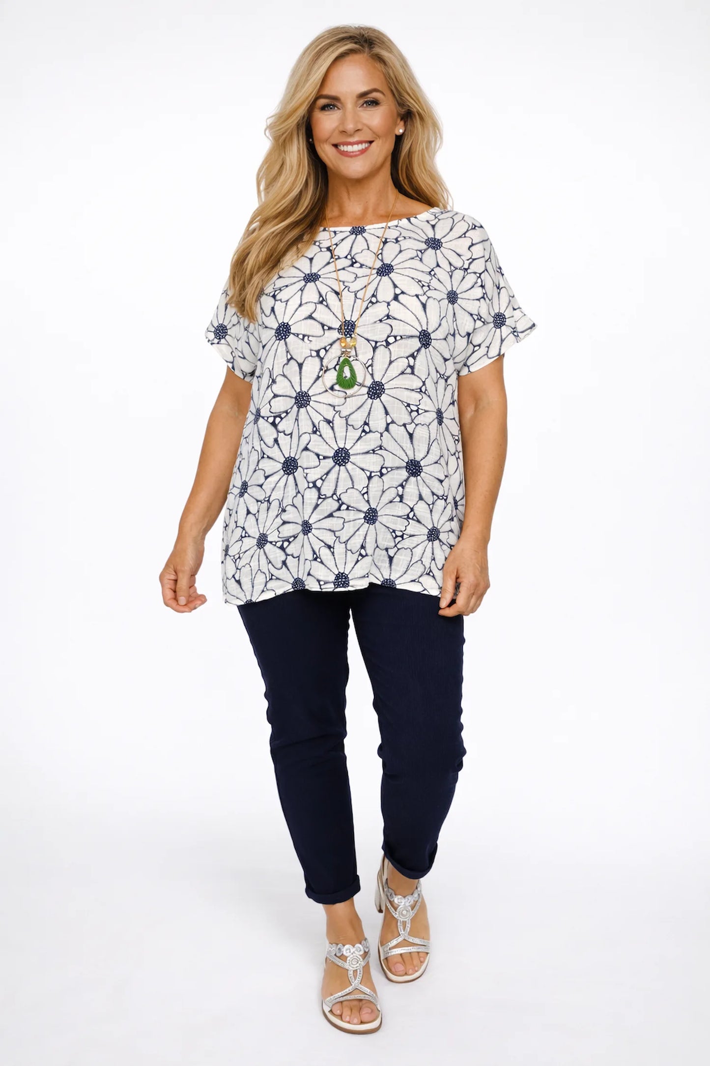 Pure Cotton Velina Floral Necklace Top - Navy