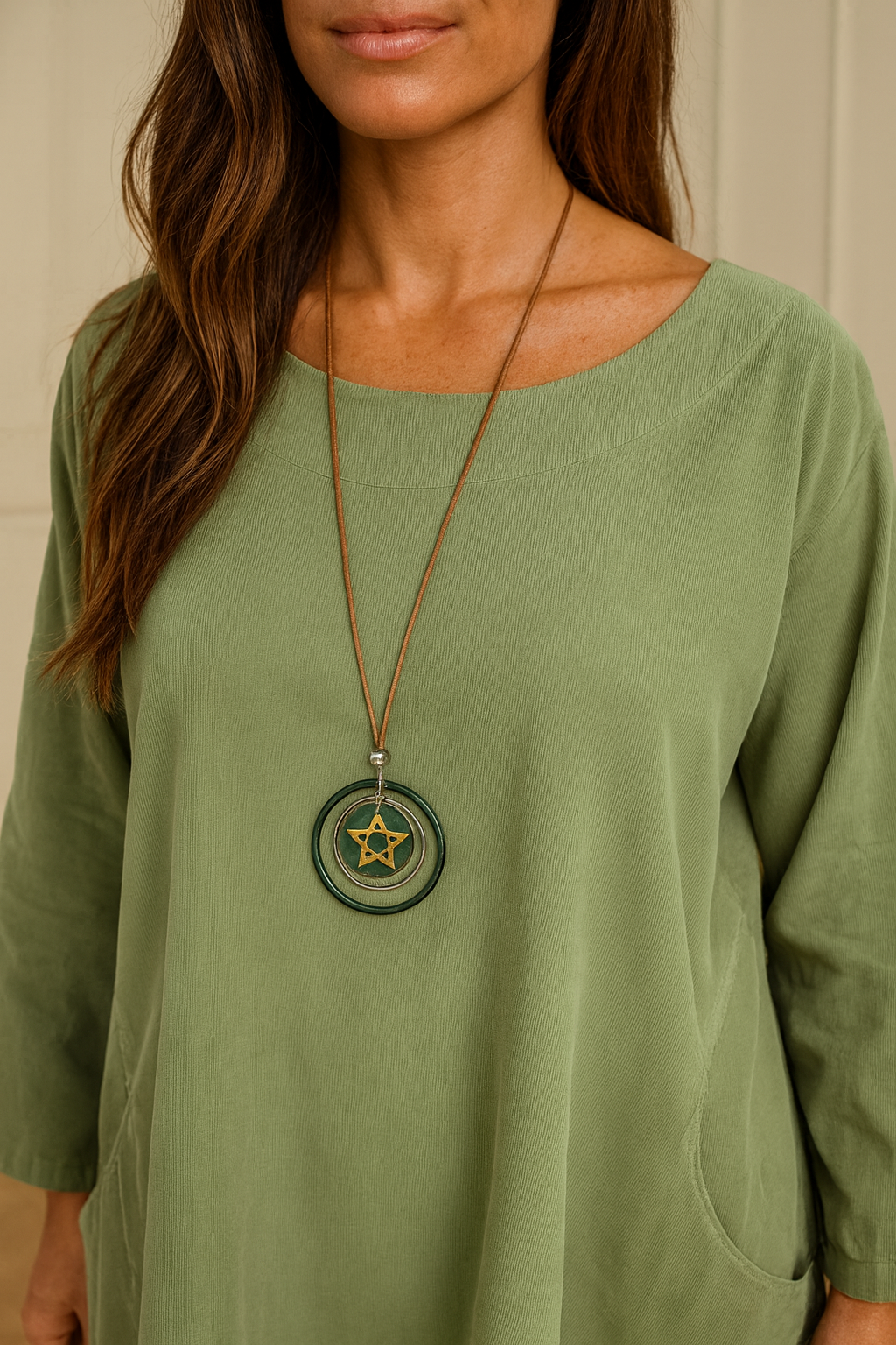 Cotton Needlecord Double Pocket Tiffany Necklace Top - Sage Green