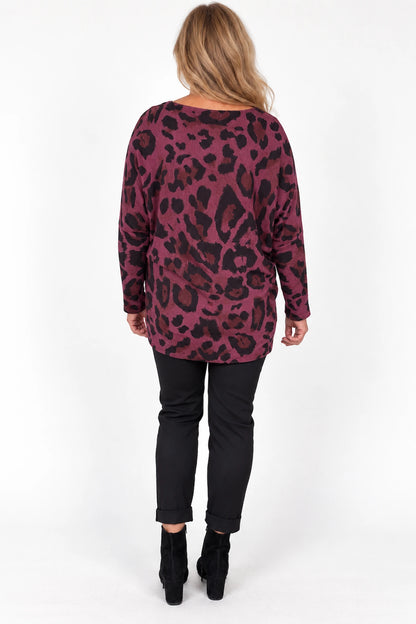 Fine Knit Carly Leopard Top - Vintage Wine
