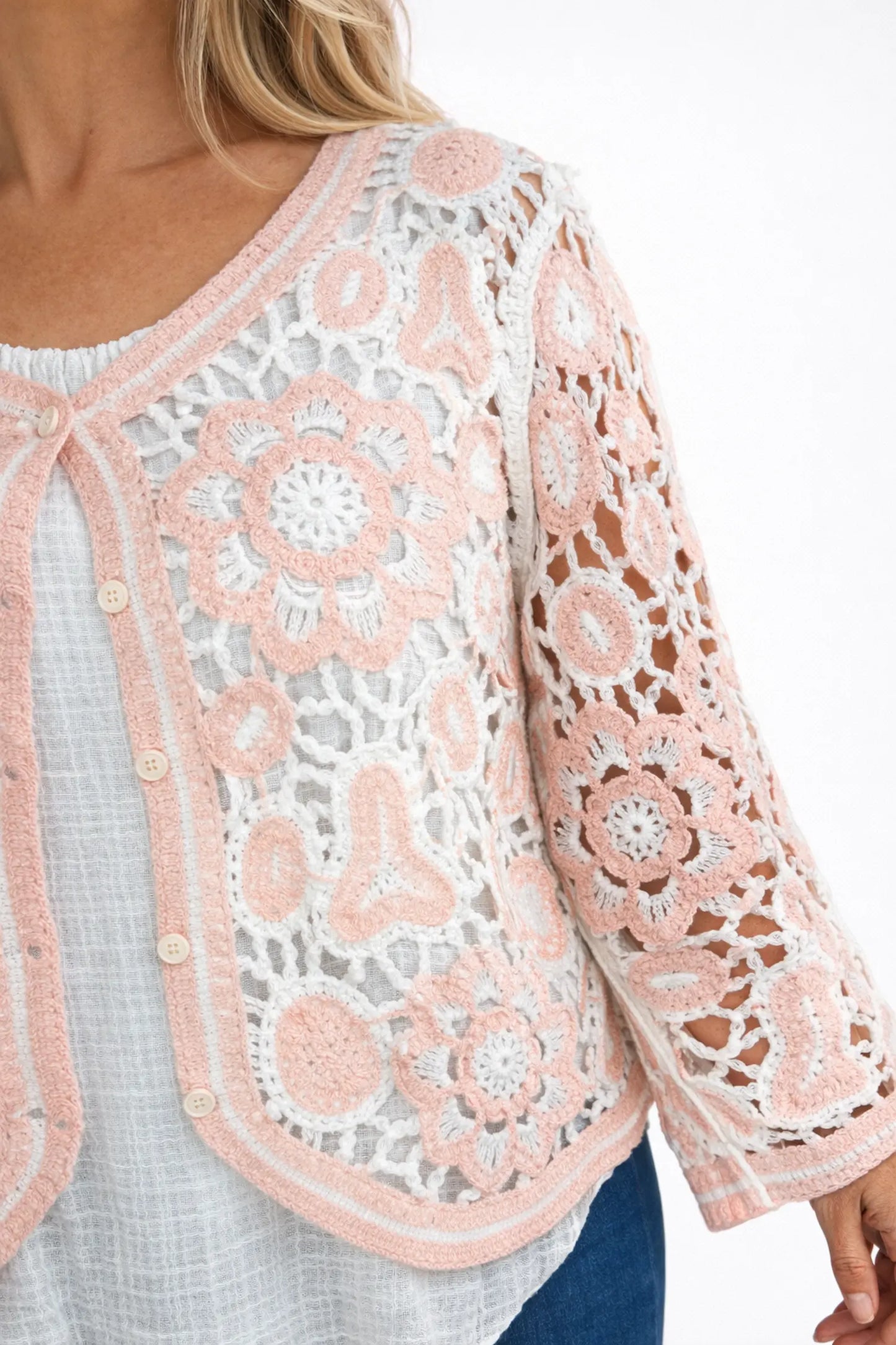 Cotton Angela Crochet Button Cardigan - Baby Pink