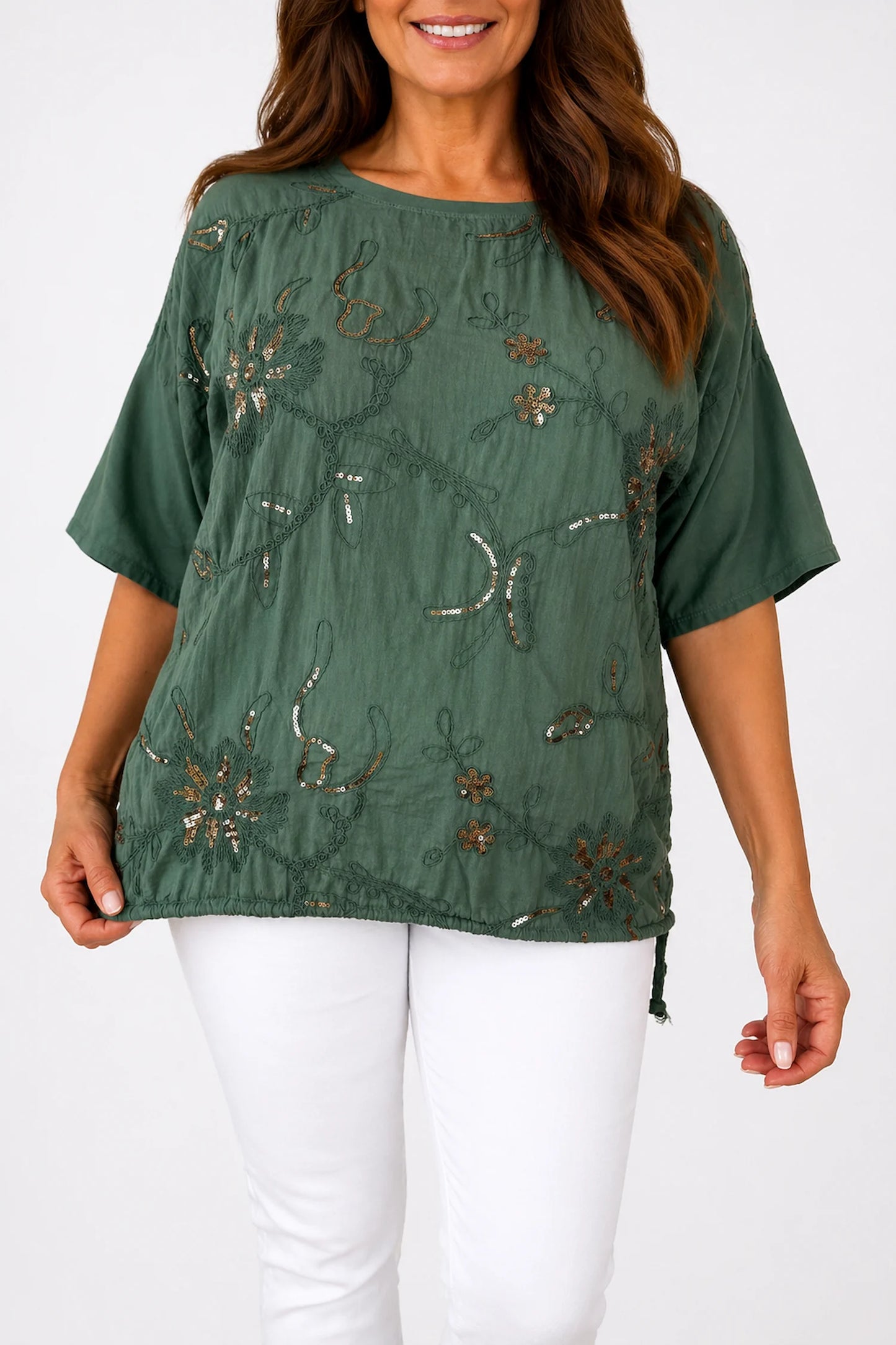 Pure Cotton Embroidery Anglaise Sequin Golden Sparkle Floral Tied Detail Rosa Top- Khaki