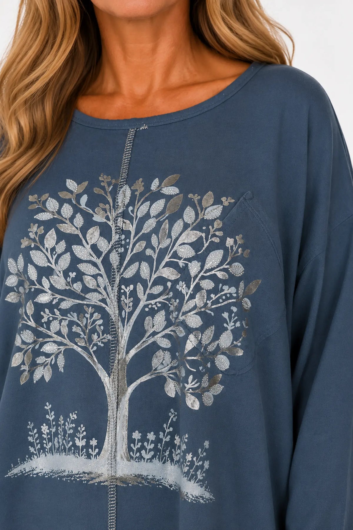 Cotton Diamanté Florence Tree Pocket Detail Tied Side Top - Denim