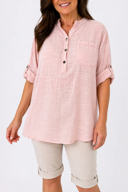Linen Look Pure Cotton Pocket Detail Button Sleeve Calilla Button Shirt - Vintage Pink