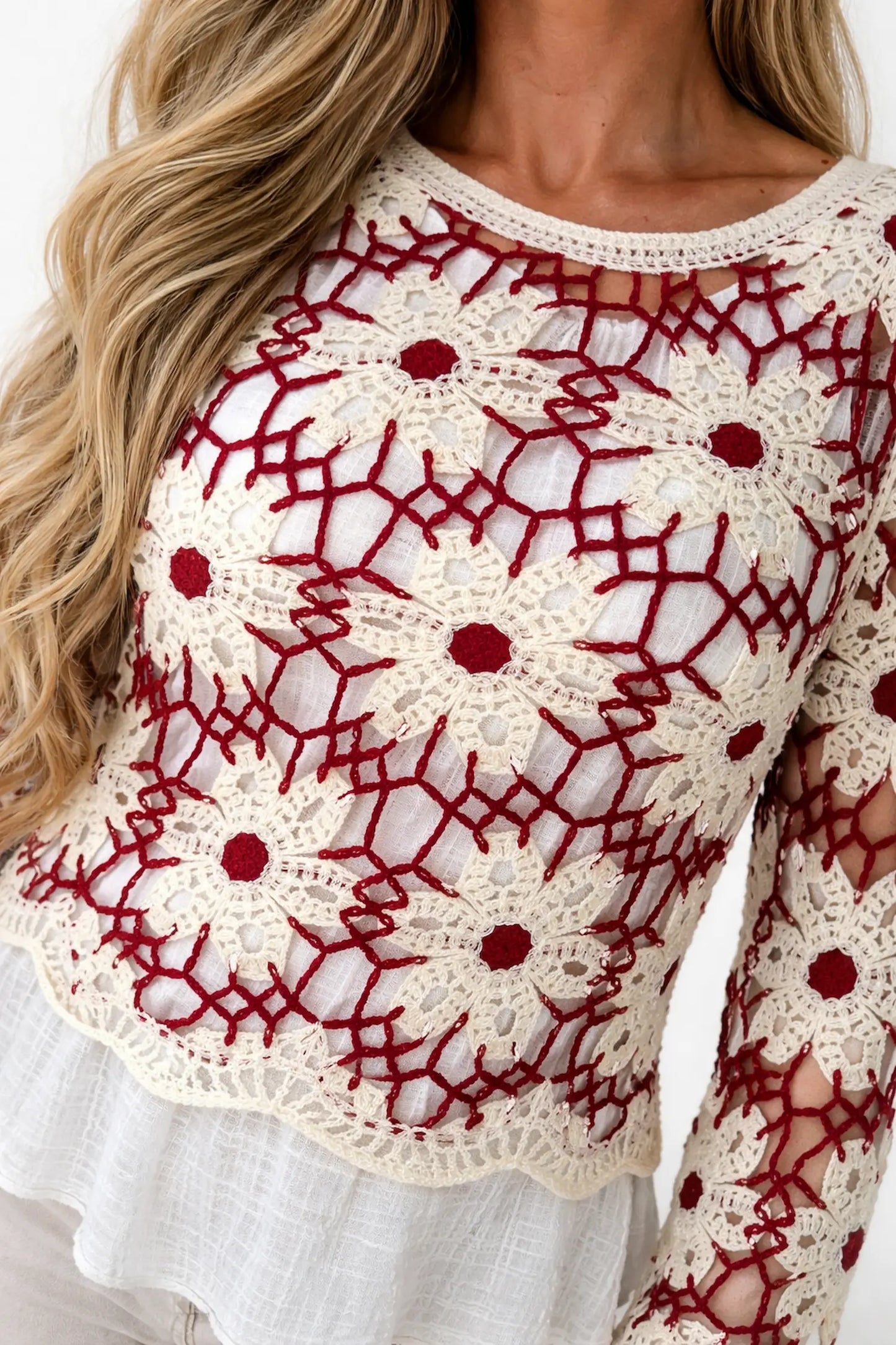 Cotton Juliette Floral Crochet Top - Vintage Red