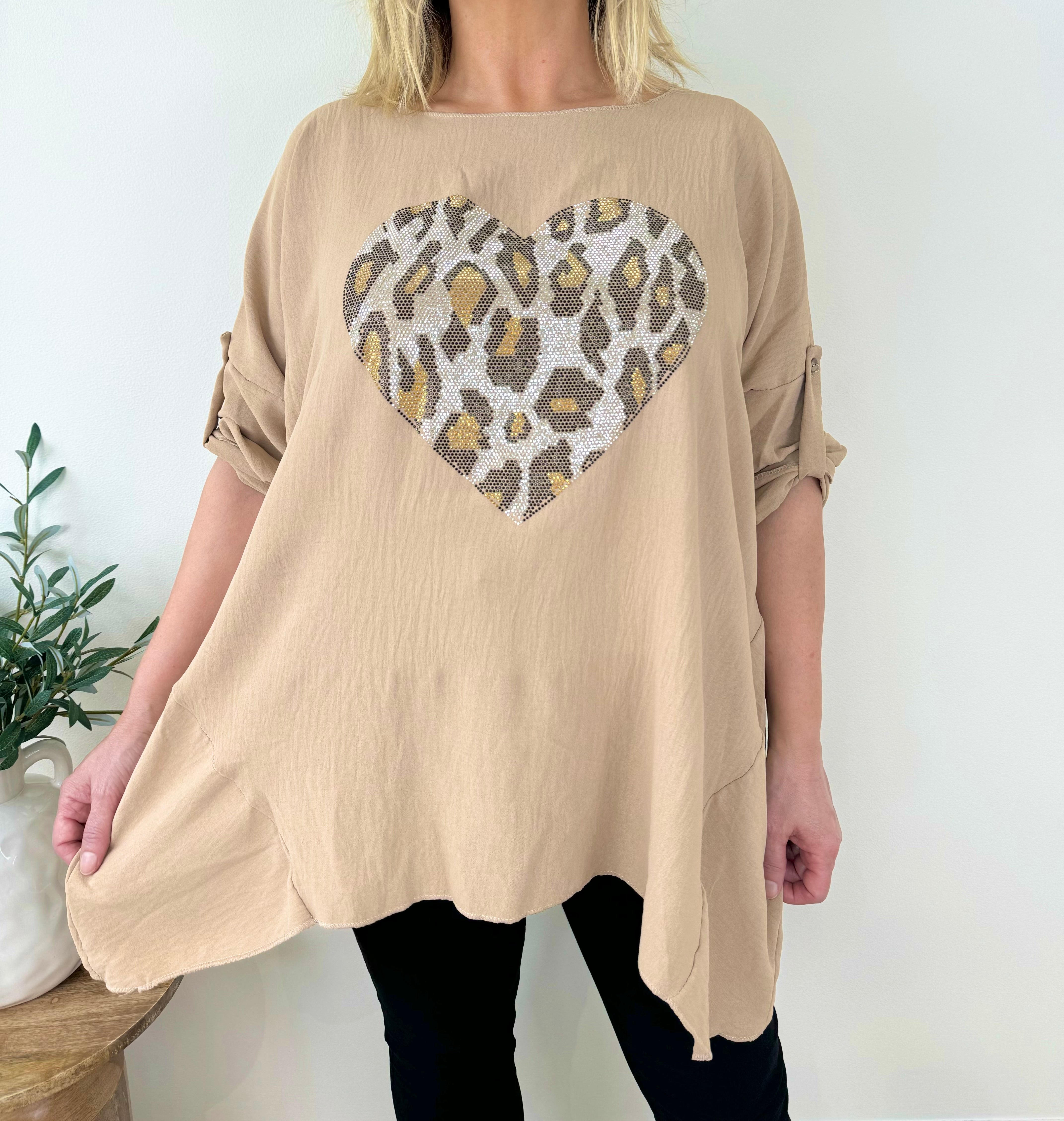 Diamanté Sparkle Animal Heart Button Sleeve Top SS24