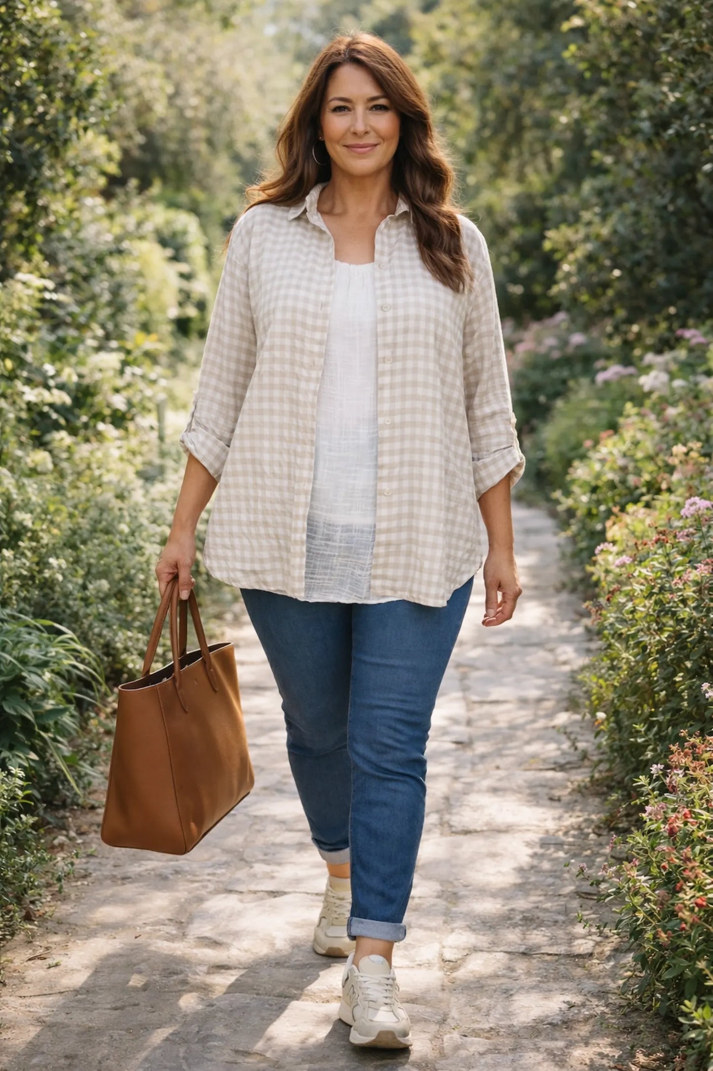 Cotton Button Sleeve Gingham Roxy Shirt - Beige