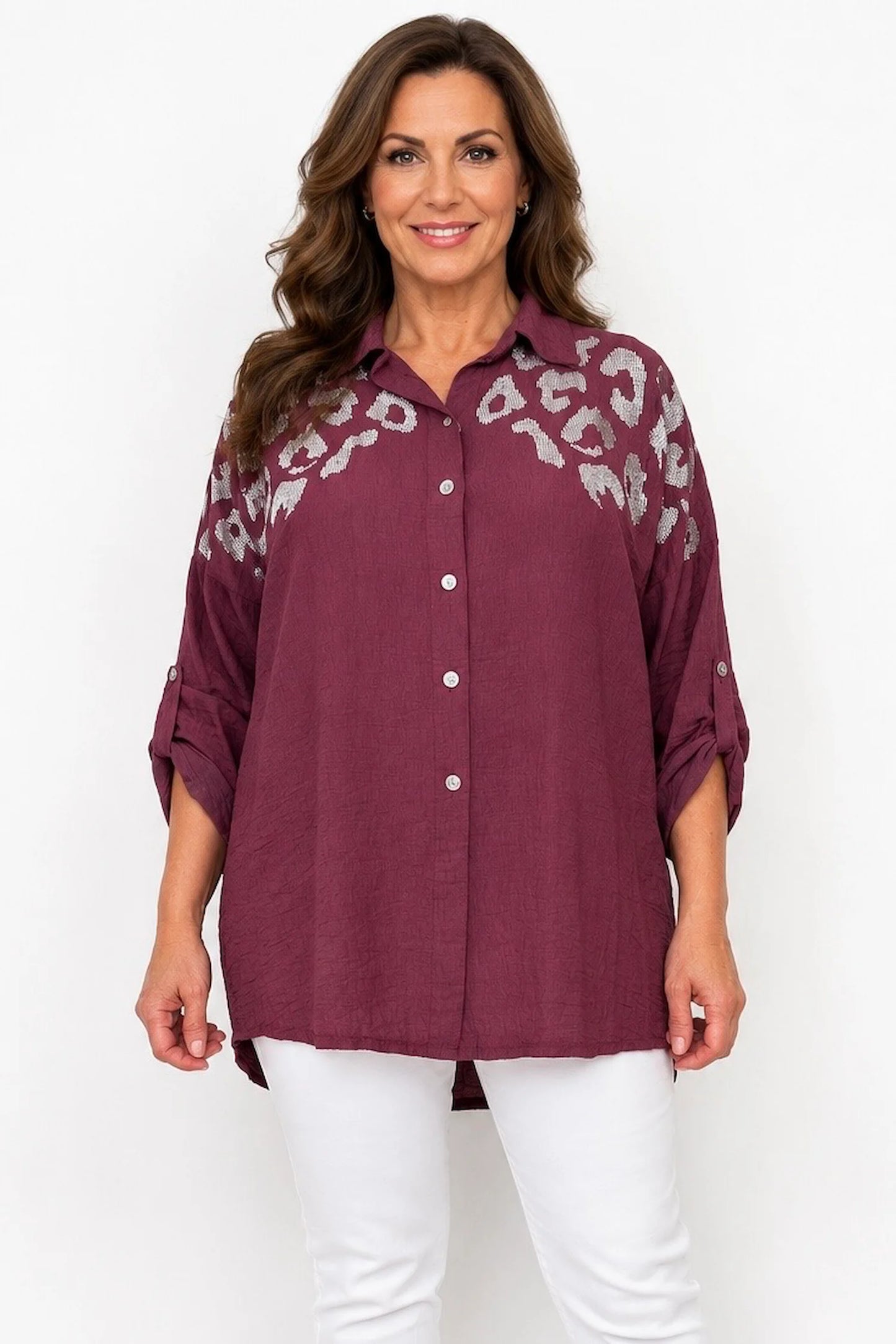 Premium Stitch Diamanté Button Sleeve Michaela Shirt - Italia Wine