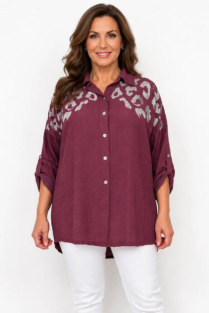 Premium Stitch Diamanté Button Sleeve Michaela Shirt - Italia Wine