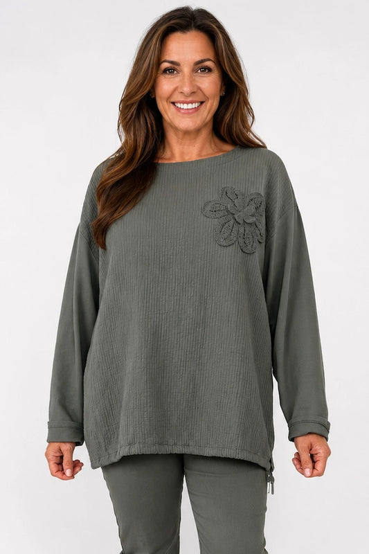 Cotton Embroidered Floral Tied Hem Flerissa Top - Khaki