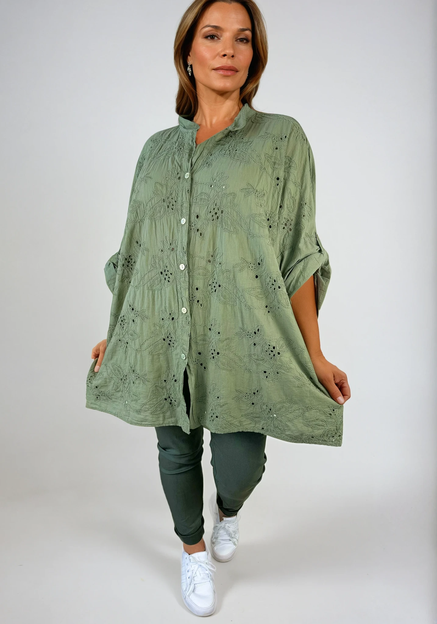 Cotton Oversized Embroidery Anglaise Button Sleeve Shirt - Khaki