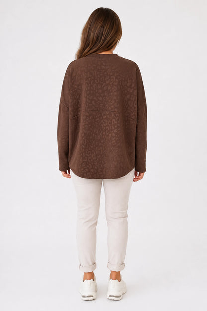 Raw Edge Hem Embossed Leopard Carvella Top - Chocolate