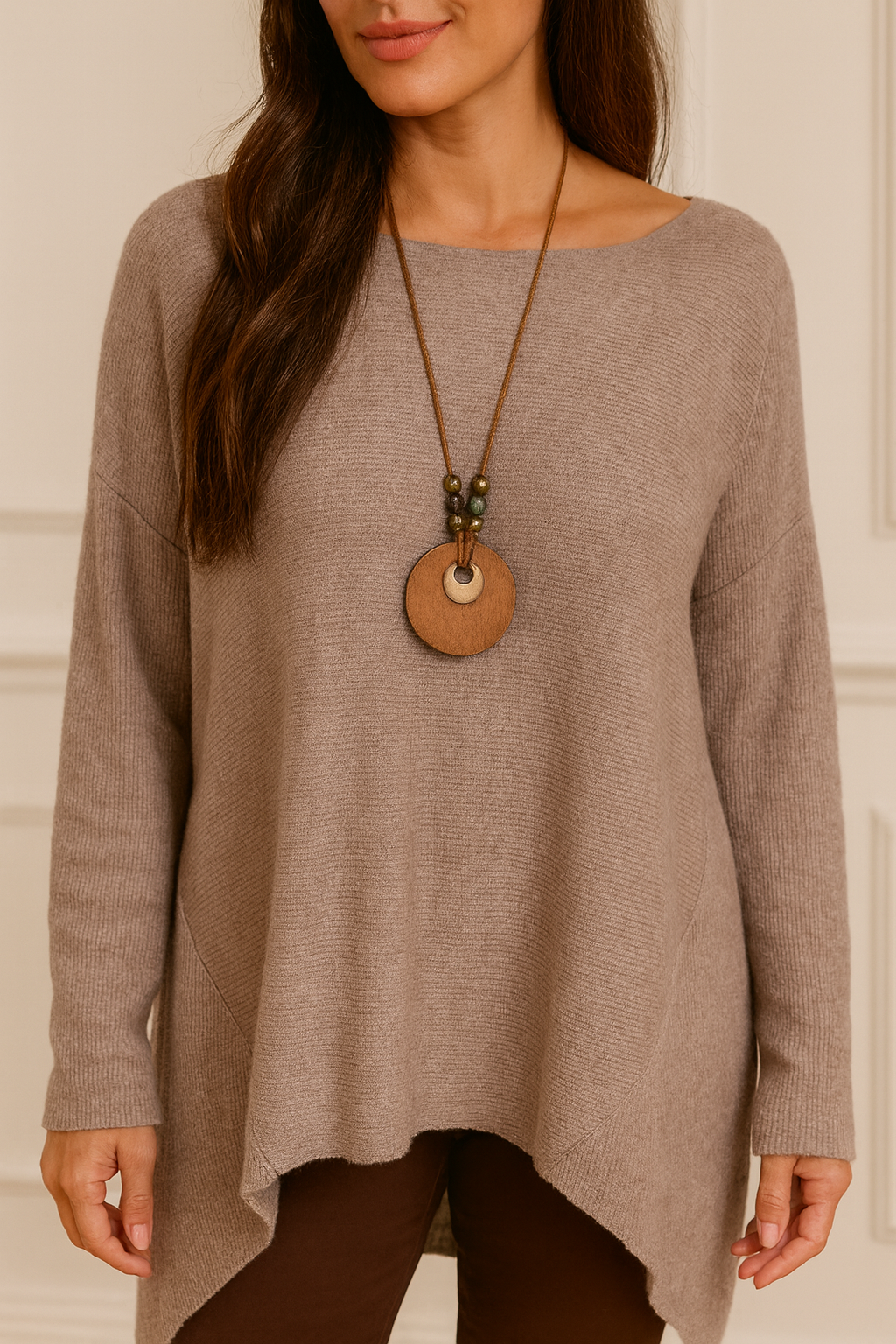 Wool Mix Ribbed Knit Marcela Necklace Top - Mocha