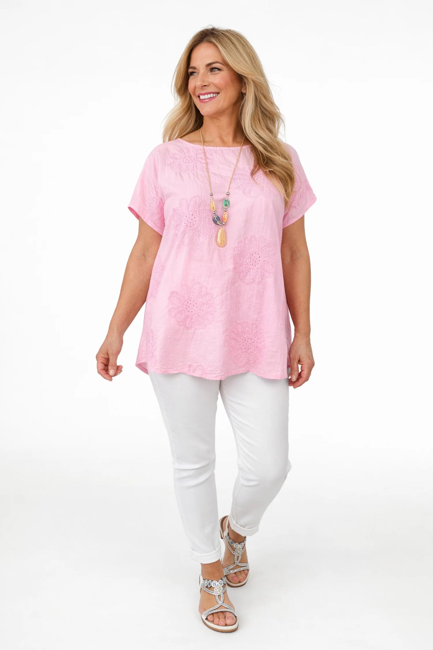 Pure Cotton Embroidery Anglaise Flower Amara Necklace Top - Baby Pink
