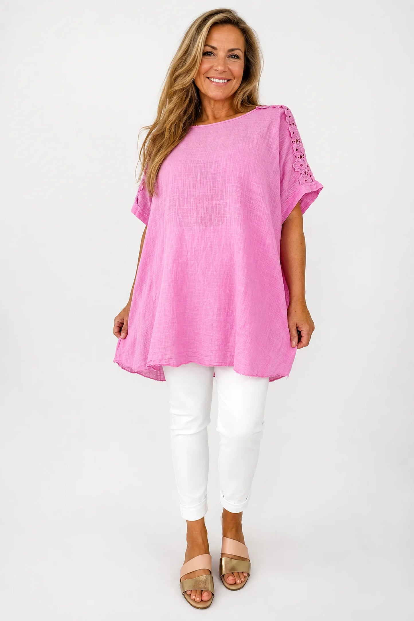 Pure Cotton Embroidered Crochet Sleeve Amira Top - Lipstick Pink