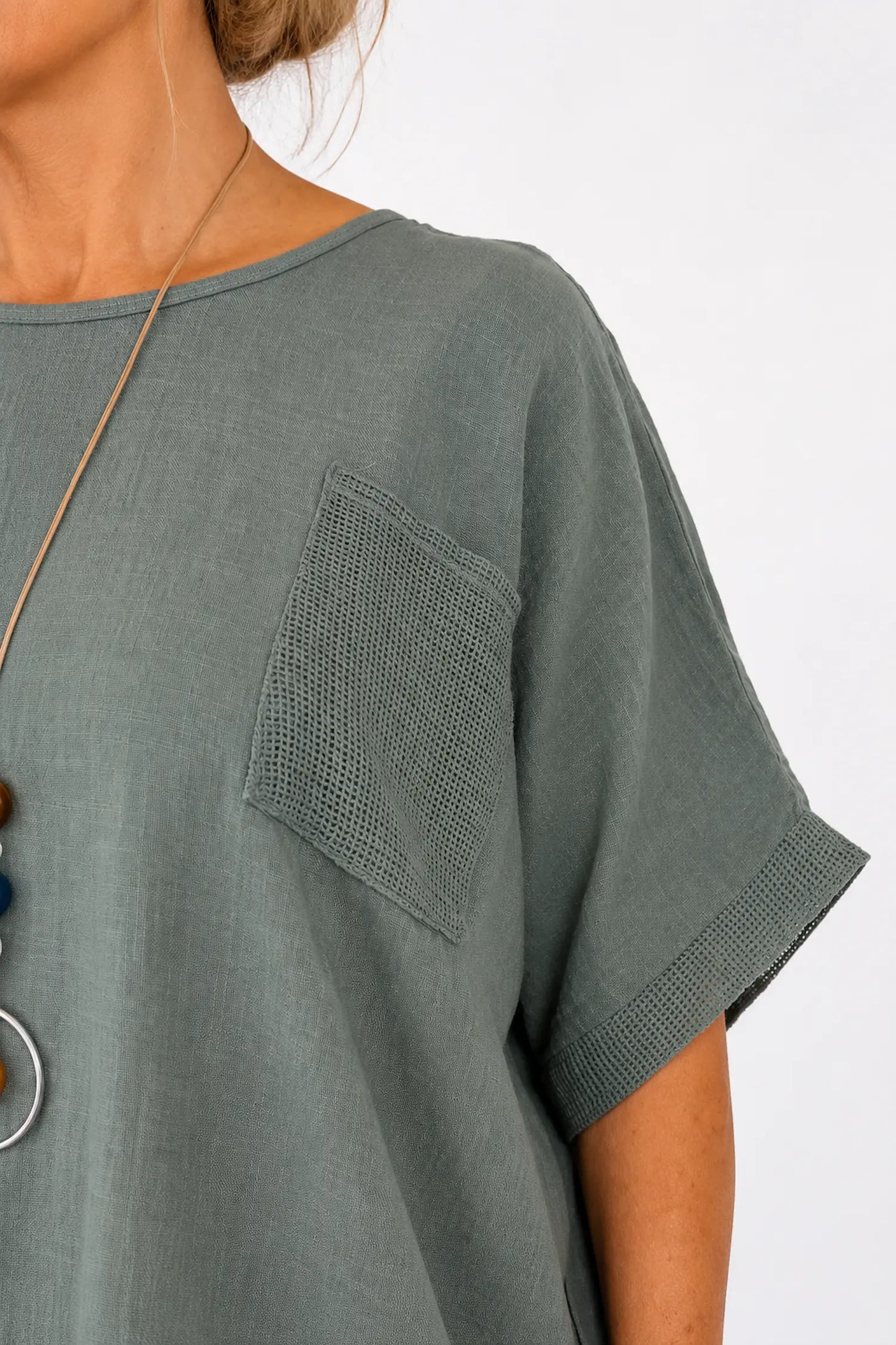 Pure Cotton Mesh Detail Pocketed Portofino Necklace Top - Khaki