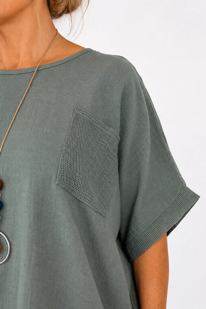 Pure Cotton Mesh Detail Pocketed Portofino Necklace Top - Khaki