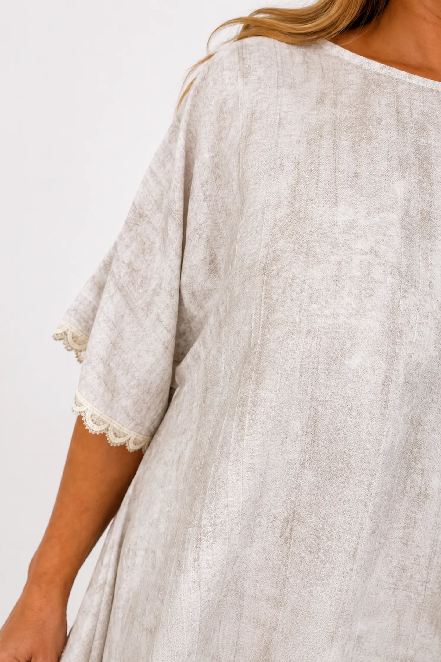 Lightly Textured Lace Trim Victoria Top - Washed Stone