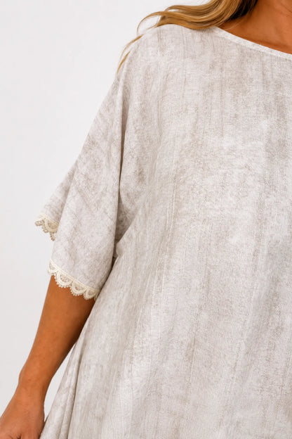 Lightly Textured Lace Trim Victoria Top - Washed Stone