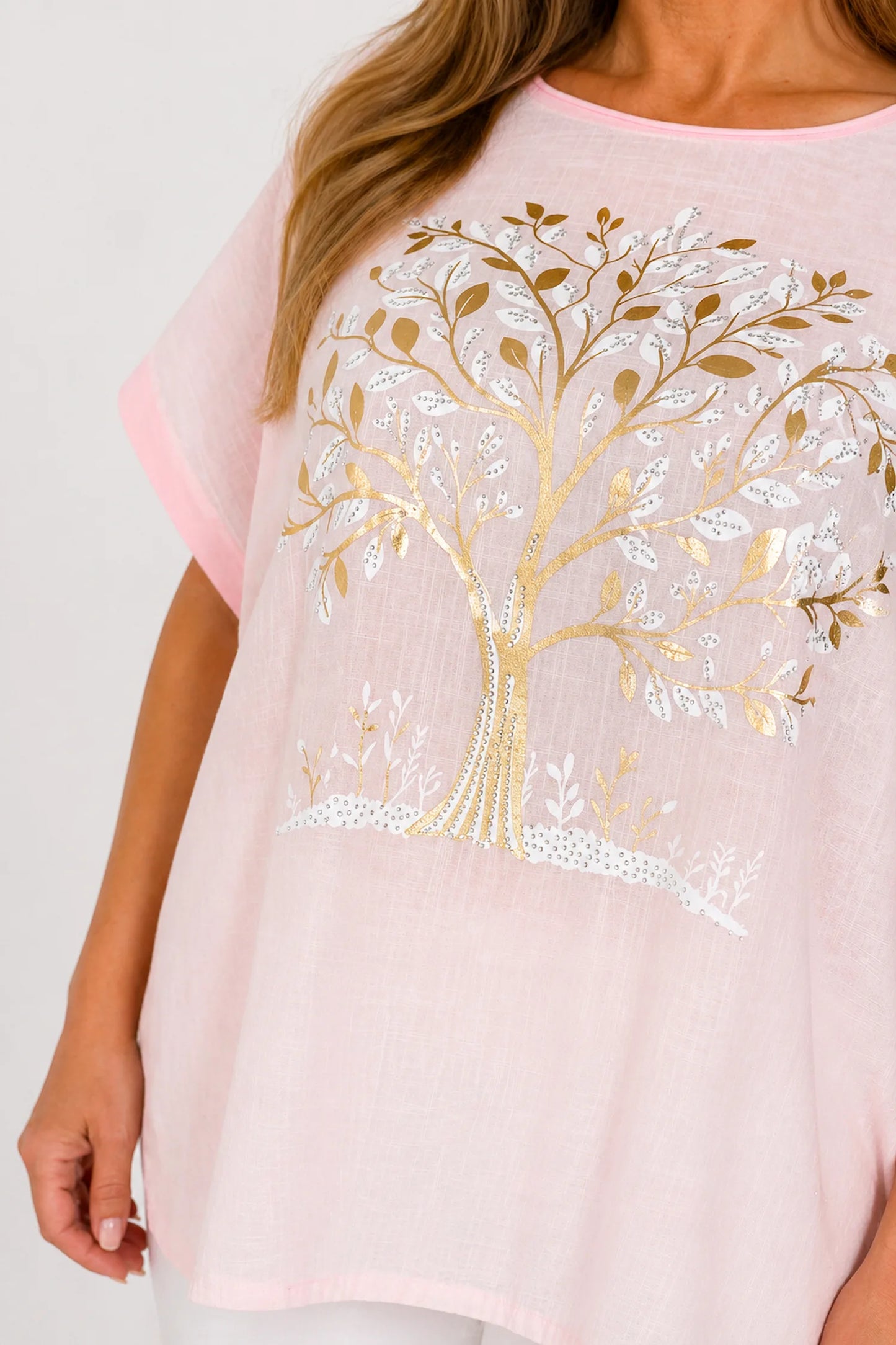 Linen Cotton Mix Diamanté Golden Leaf Carletta Top - Rose Gold