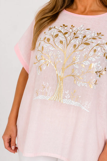 Linen Cotton Mix Diamanté Golden Leaf Carletta Top - Rose Gold
