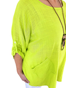 Pure Cotton Pocket Detail Button Sleeve Venice Necklace Top - Lime