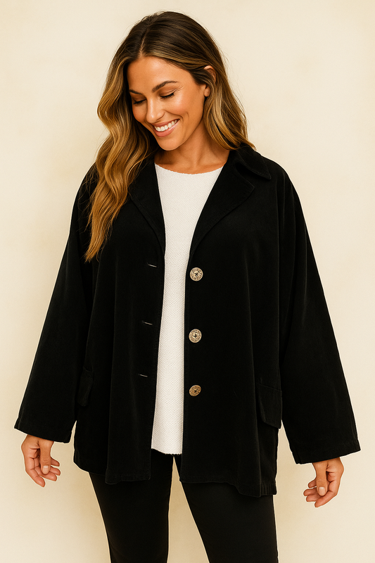 Pure Cotton Needlecord Gold Button Faux Side Pocket Felicity Jacket - Black