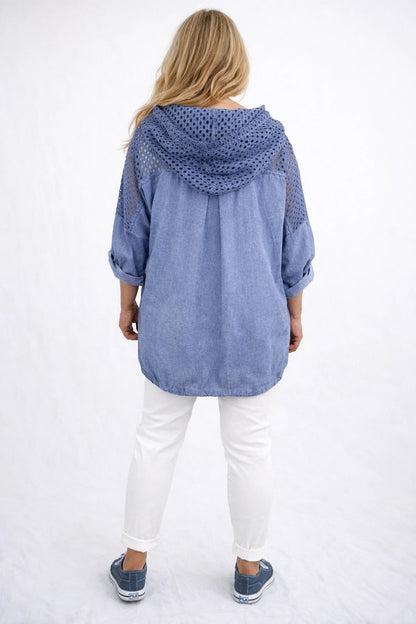 Pure Cotton Linen Look Mesh Detail Button Sleeve Double Pocket Rosalie Zipped Hoodie - Vintage Denim