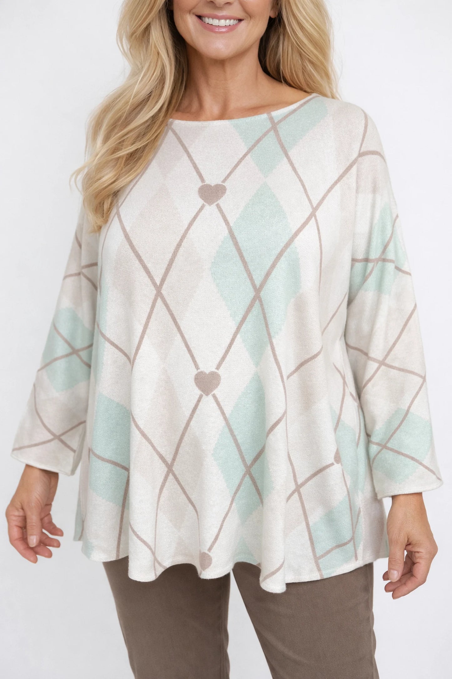 Premium Spring Knit Argyle Heart Florentina Seam Sleeve Top - Mint/Beige