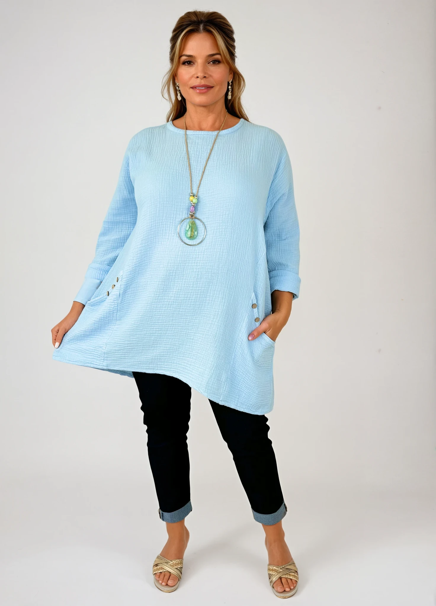 Pure Bubble Cotton Double Button Pocket Telia Necklace Top - Baby Blue