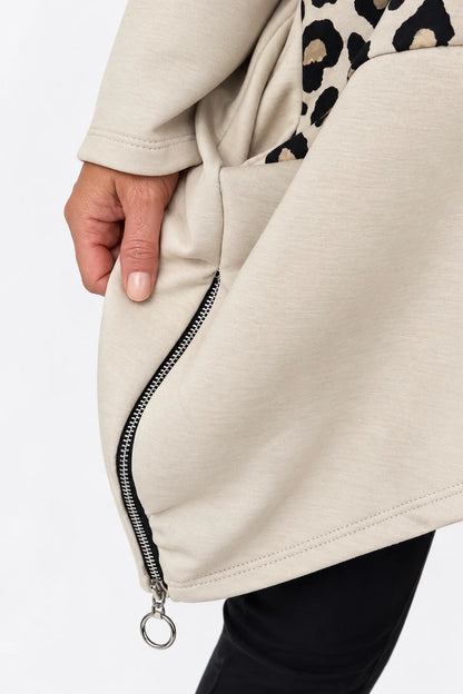 Zipped Hem Leopard Patch Badge Detail Double Pocket Varsia Top - Beige